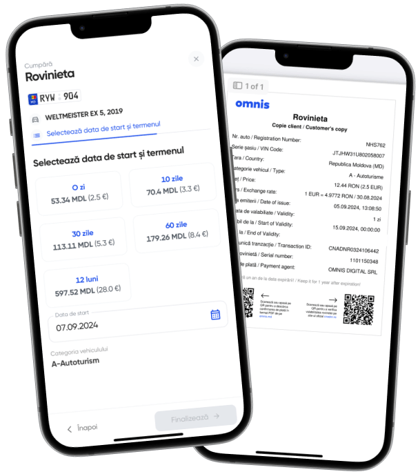 Imaginea prezintă aplicația mobilă Omnis pe două smartphone-uri, care este destinată gestionării documentelor pentru rovinieta. Interfața utilizatorului afișează detalii despre poliță, informații despre plată și are funcții precum un buton de contact pentru urgențe, sugerând funcționalități care permit utilizatorilor să își gestioneze nevoile de asigurare auto în mod convenabil.